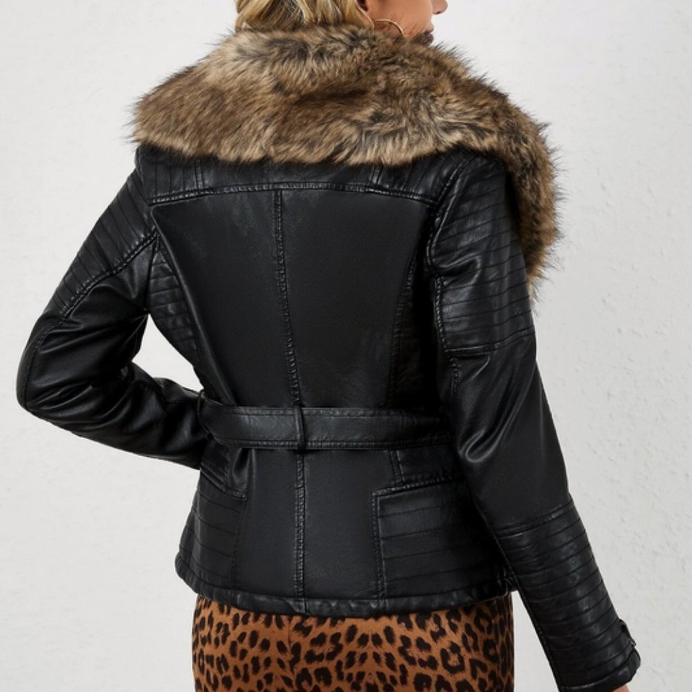 Brown Faux Fur Black Leather Belted Motorcycle Bomber Jacket Sherpa Winter Coat - Picture 4 of 6